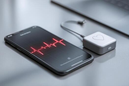 Smartphone displaying heart rate monitoring data in red waveform connected to a compact wireless heart rate sensor device on a sleek modern surface near a keyboard photo