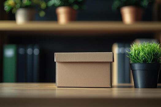 Cardboard box with a plant on a wooden table in an office setting photo