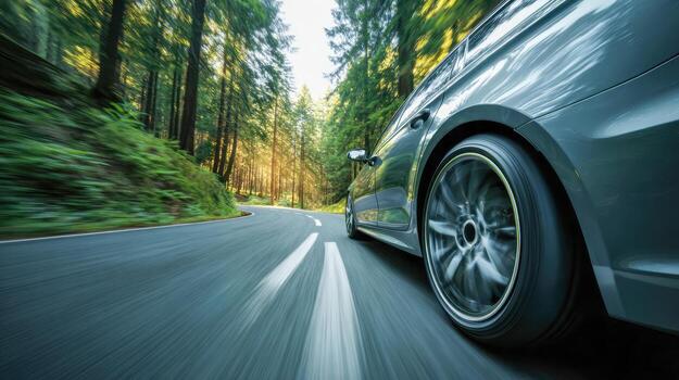 Fast car driving on a winding road through dense forest trees with motion blur capturing the dynamic movement and speed during a sunny day journey photo