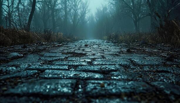Misty forest path with wet cobblestones and bare trees in a moody, atmospheric setting photo