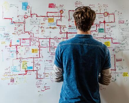 A man is standing in front of a whiteboard with a diagram of a business plan photo