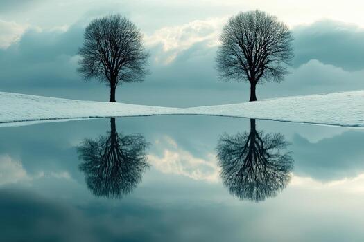 Two leafless trees on snowy landscape reflected in calm water during winter photo