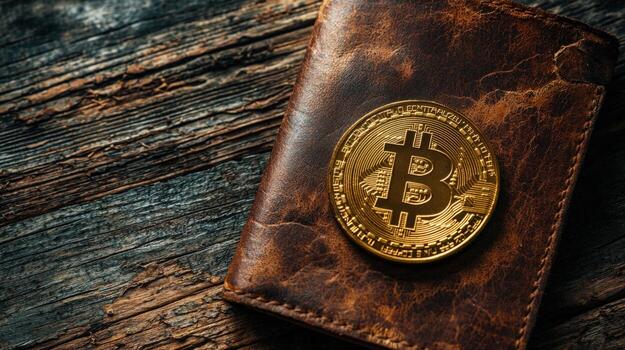 Bitcoin coin on a leather wallet placed on a rustic wooden surface photo