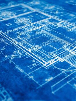 Detailed architectural blueprint showing intricate design and layout plans of a building structure with precise measurements on a blue background photo