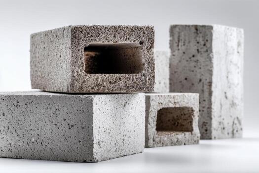 Close-up of various rectangular and square concrete blocks with hollow centers arranged on a white surface against a light gray background for construction use photo