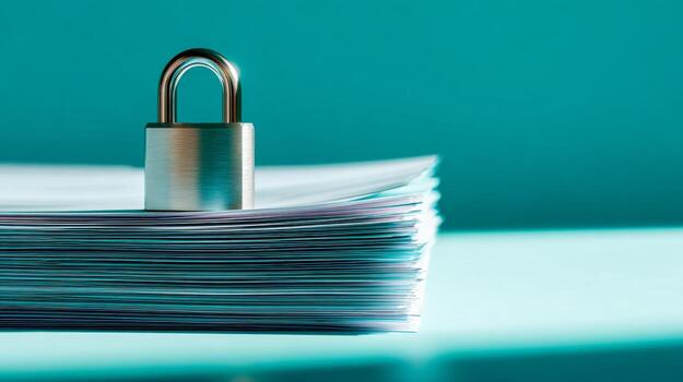 Silver padlock securing a thick stack of documents symbolizing data protection and information security against a teal background in a minimalist concept image photo