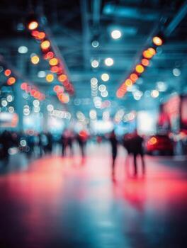 Abstract blurred view of a busy indoor event hall with colorful lights and people moving, creating a vibrant atmosphere full of energy and motion photo