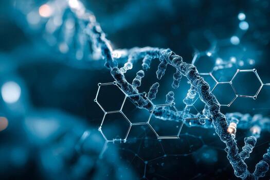 digital representación de adn estructura con molecular conexiones y hexagonal patrones foto