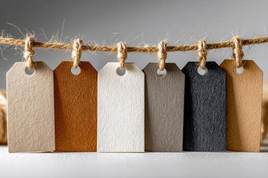 A set of blank textured paper tags in neutral tones hanging neatly on a rustic jute string against a soft gray background for versatile labeling and decoration ideas photo
