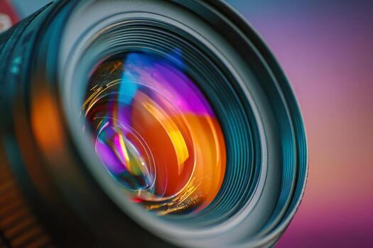 Detailed vibrant view of a professional camera lens reflecting multicolored light patterns against a soft gradient background for photography concepts photo