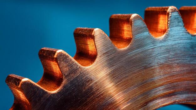 Detailed macro view of a metallic gear teeth with textured surface illuminated by warm light against a contrasting blue background in mechanical engineering concept photo