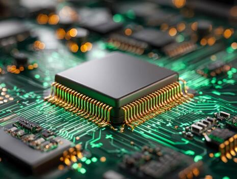 Advanced microprocessor on a circuit board with illuminated electronic pathways photo
