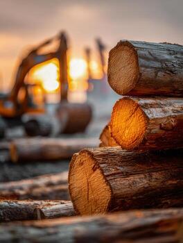 Close-up of freshly cut tree logs stacked at a logging site with heavy machinery operating in the background during a warm sunset glow photo