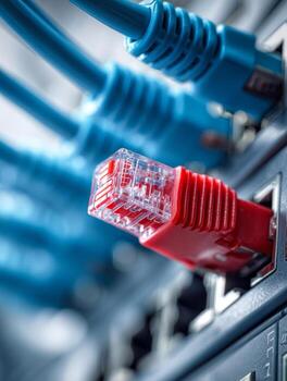 Red ethernet cable plugged into a network switch surrounded by multiple connected blue cables symbolizing connectivity and data transfer in technology systems photo