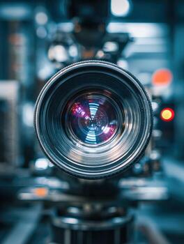 Professional camera lens focused with reflections and intricate mechanical details in a modern photography studio environment featuring bokeh lights photo
