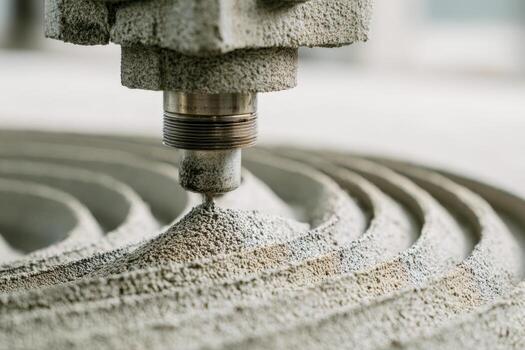 Industrial 3d printing process creating detailed circular patterns using powdered material with a close-up of the extrusion nozzle in operation photo