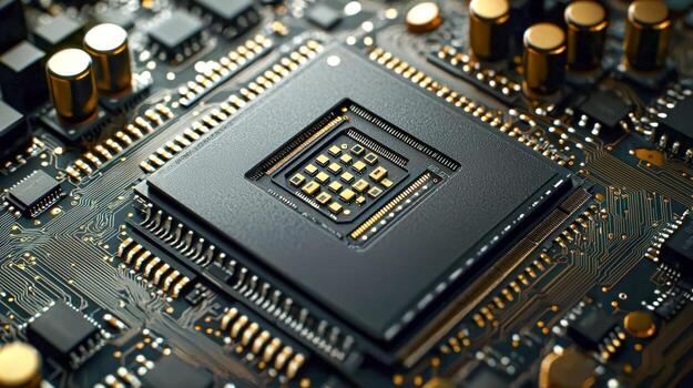 Close-up of a computer processor on a circuit board with electronic components photo