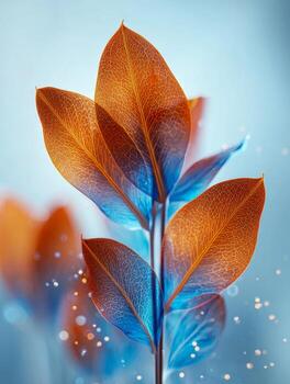 de cerca de translúcido naranja y azul hojas con intrincado vena patrones en contra un suave bokeh antecedentes creando un delicado, vibrante botánico escena foto