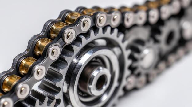 Close-up view of a metallic roller chain and sprocket mechanism showcasing intricate industrial engineering and mechanical components in sharp focus with blurred background photo