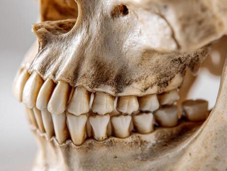 Detailed close-up of a human skull's side profile showing teeth and jawbone texture with natural discoloration and worn features in a neutral background setting photo