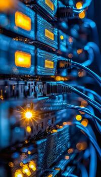 Close-up of server hardware and network cables in a data center photo