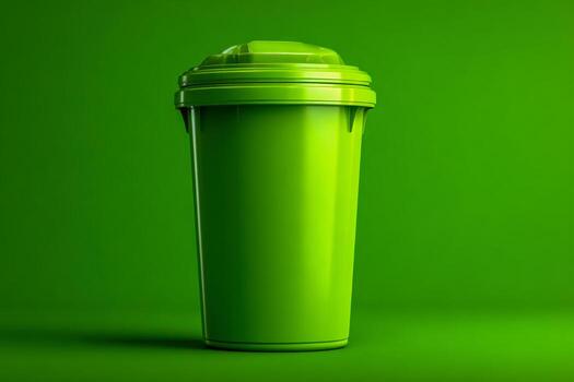 Vibrant green reusable plastic container with secure lid isolated on matching green background for sustainable storage and eco-friendly use concepts photo