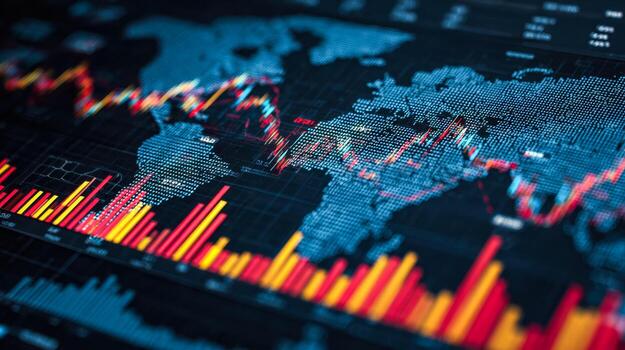 Global financial market data visualization with stock graphs and world map background photo