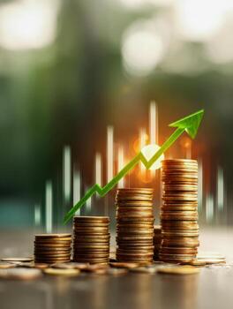 Stacks of gold coins increasing in size with a vibrant green upward arrow symbolizing growth and financial success on a blurred background with light effects and data bar photo