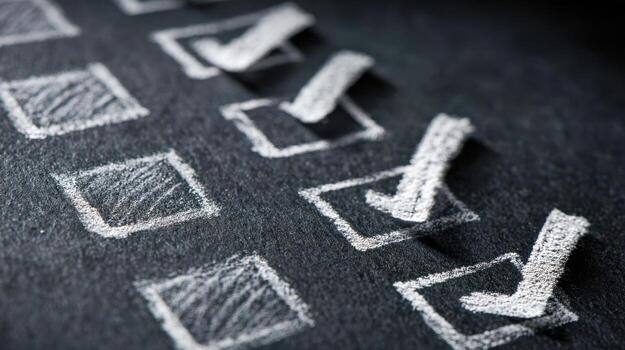 Detailed view of a black chalkboard with hand-drawn checkboxes and bold check marks highlighting tasks marked as complete in a dynamic perspective angle photo