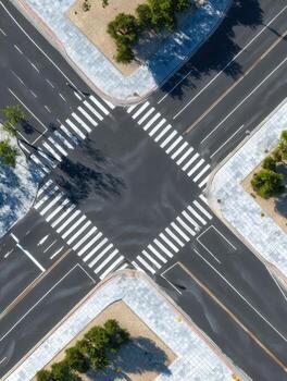 Aerial view of an empty intersection with crosswalks and surrounding greenery at dawn photo