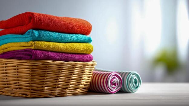Vibrant folded textiles stacked in a wicker basket next to two rolled striped fabrics on a wooden surface with soft natural window light in the background photo