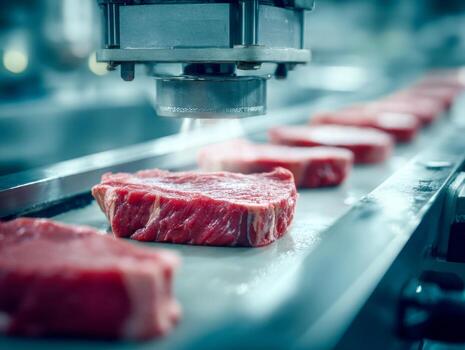 Close-up of raw beef steaks moving on a modern automated conveyor line in a food processing factory with advanced machinery in a clean environment photo