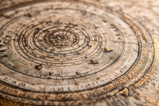 Antique astronomical calendar with intricate circular inscriptions and markings photo