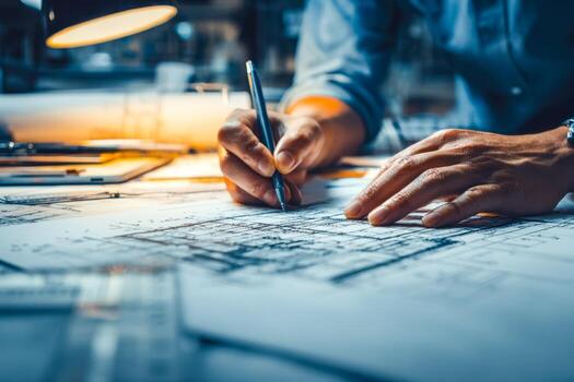 arquitecto trabajando en detallado edificio planes a un redacción mesa en un creativo espacio de trabajo foto