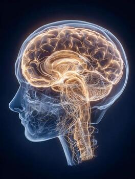 Artistic visualization of human brain and nervous system within a transparent profile of a human head, highlighting neurological structures and connectivity. photo