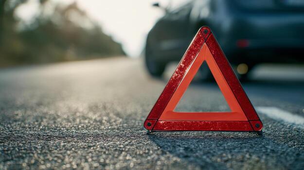 Reflective red emergency warning triangle placed on a road surface signaling caution ahead with a stationary car blurred in the background under soft daylight conditions photo