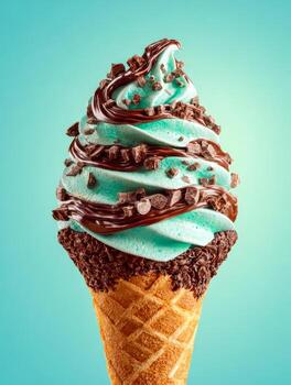 Mint and chocolate soft serve ice cream cone with sprinkles and chocolate drizzle against a bright background photo