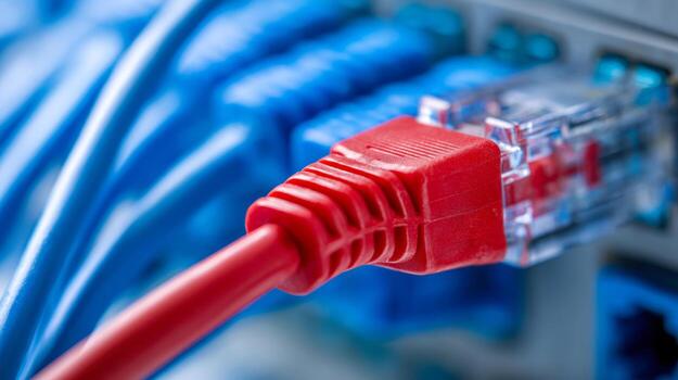 Red network cable plugged into a port on a computer switch with several blue Ethernet cables connected in the background for data communication and internet connectivity photo