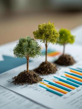 Conceptual representation of environmental growth and sustainability with miniature trees planted on soil piles placed over financial charts and data analysis reports photo
