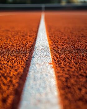 Close-up view of a running track with a white lane line at sunset photo