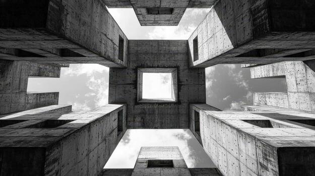 Upward view of modern concrete building with openings and sky view photo