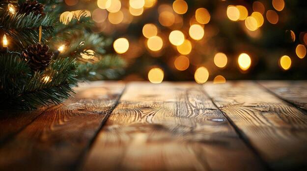 Festive decorated Christmas tree with pinecones and lights on a blurred background with warm bokeh effect and wooden surface in the foreground photo