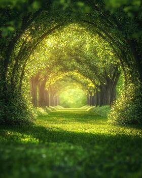 Serene sunlight filtering through lush green trees in a peaceful park pathway photo
