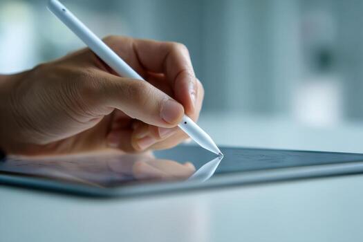 Hand using a digital stylus on tablet screen for precise drawing or note-taking in a modern bright workspace with shallow depth of field background blur photo