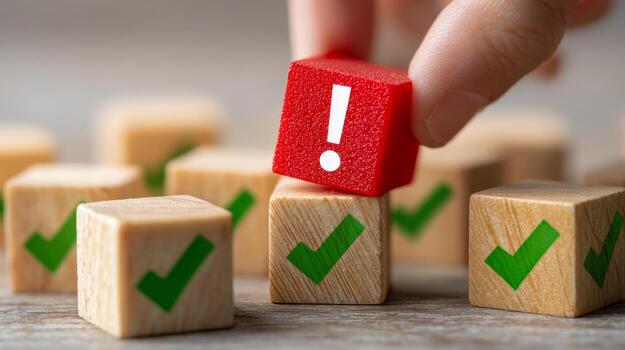 A hand selecting a red wooden block with an exclamation mark among multiple wooden blocks with green checkmarks symbolizing choice, priority, and urgency in decision-maki photo