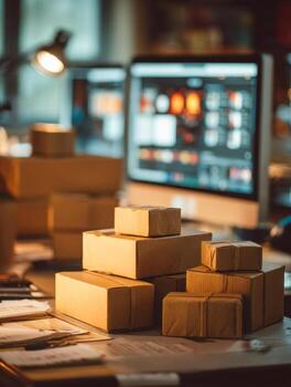 A stack of cardboard shipping boxes on a cluttered desk with a computer screen and soft office lighting in the background suggesting an online business or home office wor photo