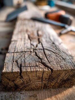 Close-up of a weathered, cracked wooden beam with visible grain patterns and rustic texture, set in a woodworking workshop with tools out of focus in the background photo