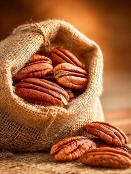 Rustic burlap sack overflowing with fresh pecan halves resting on a textured surface with a warm, inviting background ambiance photo