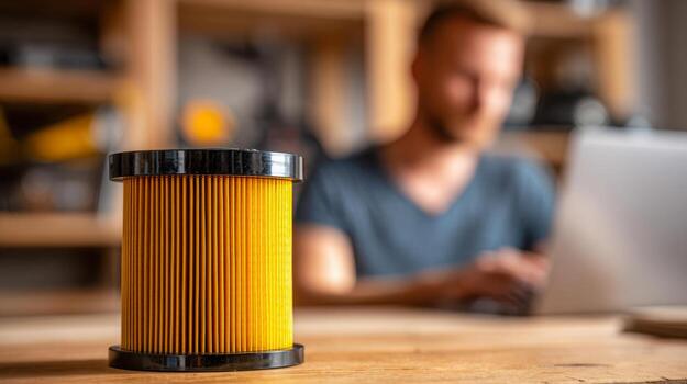 Cylindrical replacement filter with yellow pleated material on wooden table with technician working on laptop in workshop background photo