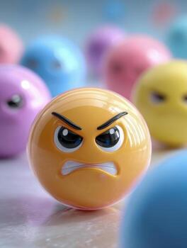 Angry glossy orange emoticon ball with furrowed eyebrows and gritted teeth standing out among colorful blurred emotion spheres on reflective surface photo